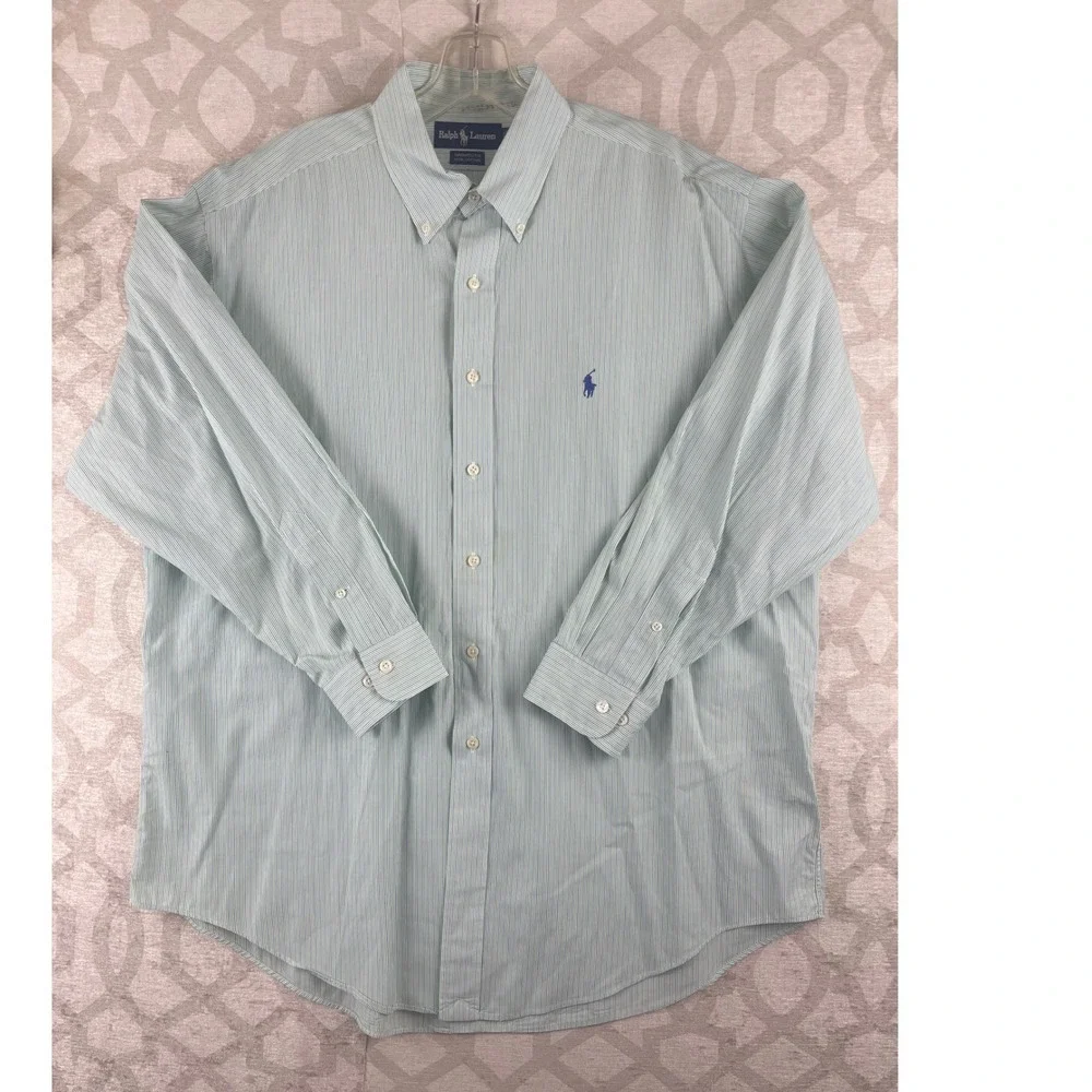 Ralph Lauren Yarmouth Mens 17 32/33 Green Purple Pinstripe Cotton Dress Shirt